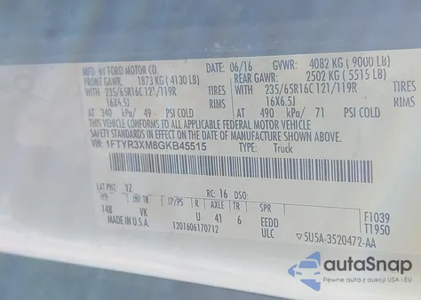 2016 Ford Transit-250 из США, поврежденный, VIN 1FTYR3XM8GKB45515